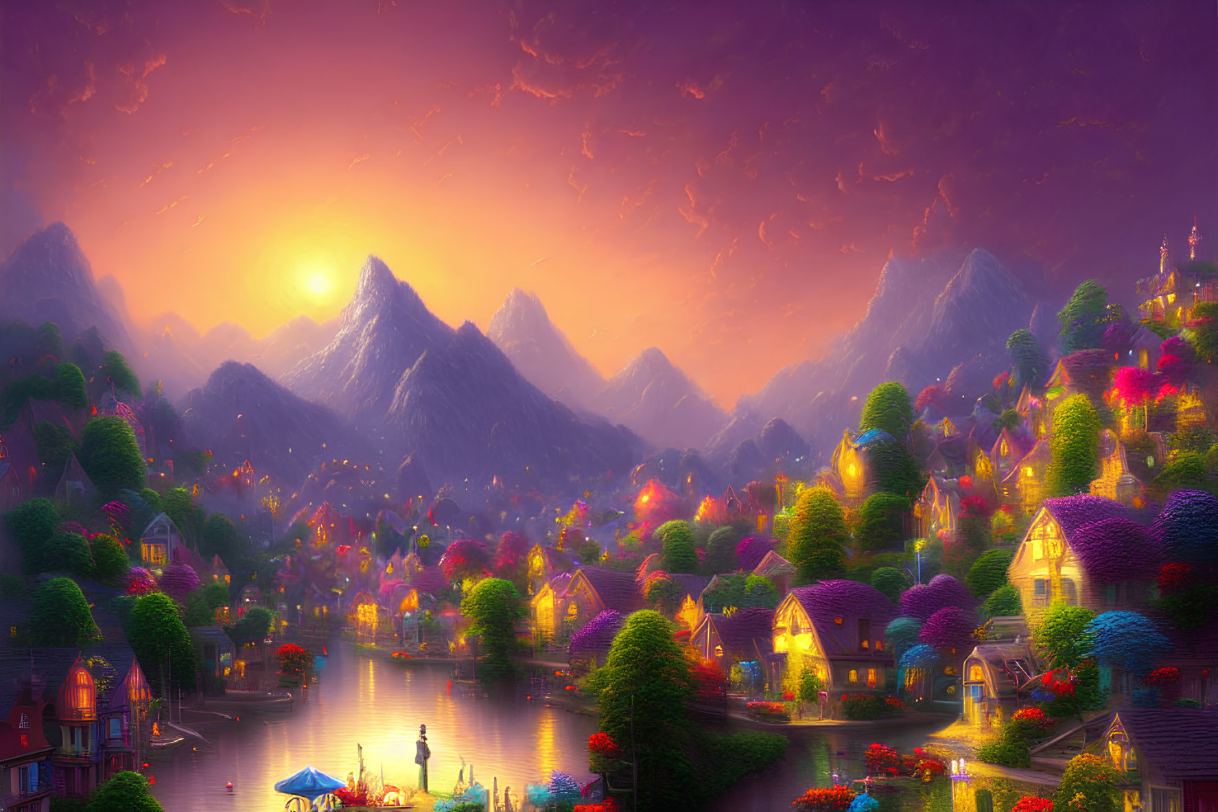 Colorful Fantasy Landscape: Sunset Scene with Houses, River, and Mountains