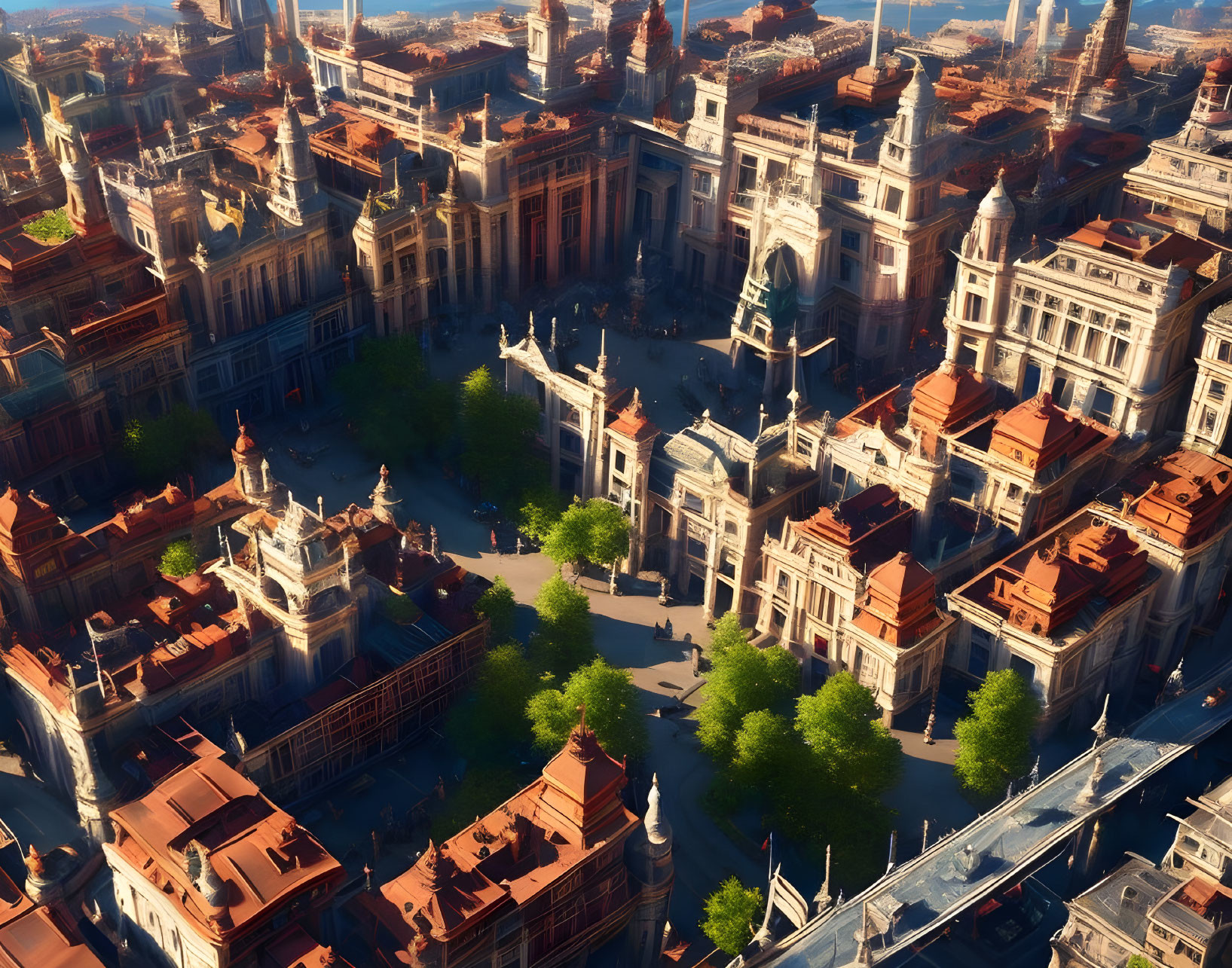 Baroque architecture in a sunlit cityscape with crowds and a distant bridge