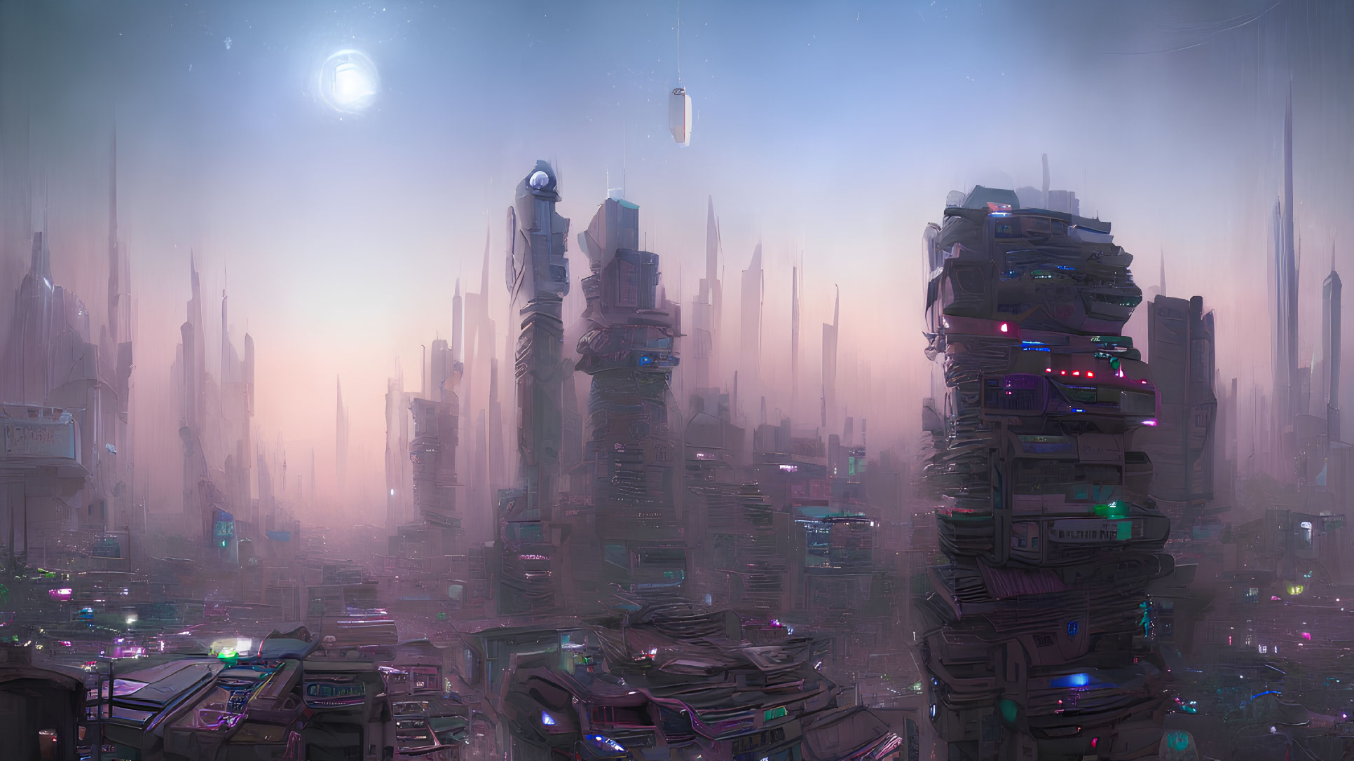 Futuristic twilight cityscape with skyscrapers, neon lights, and distant moons.