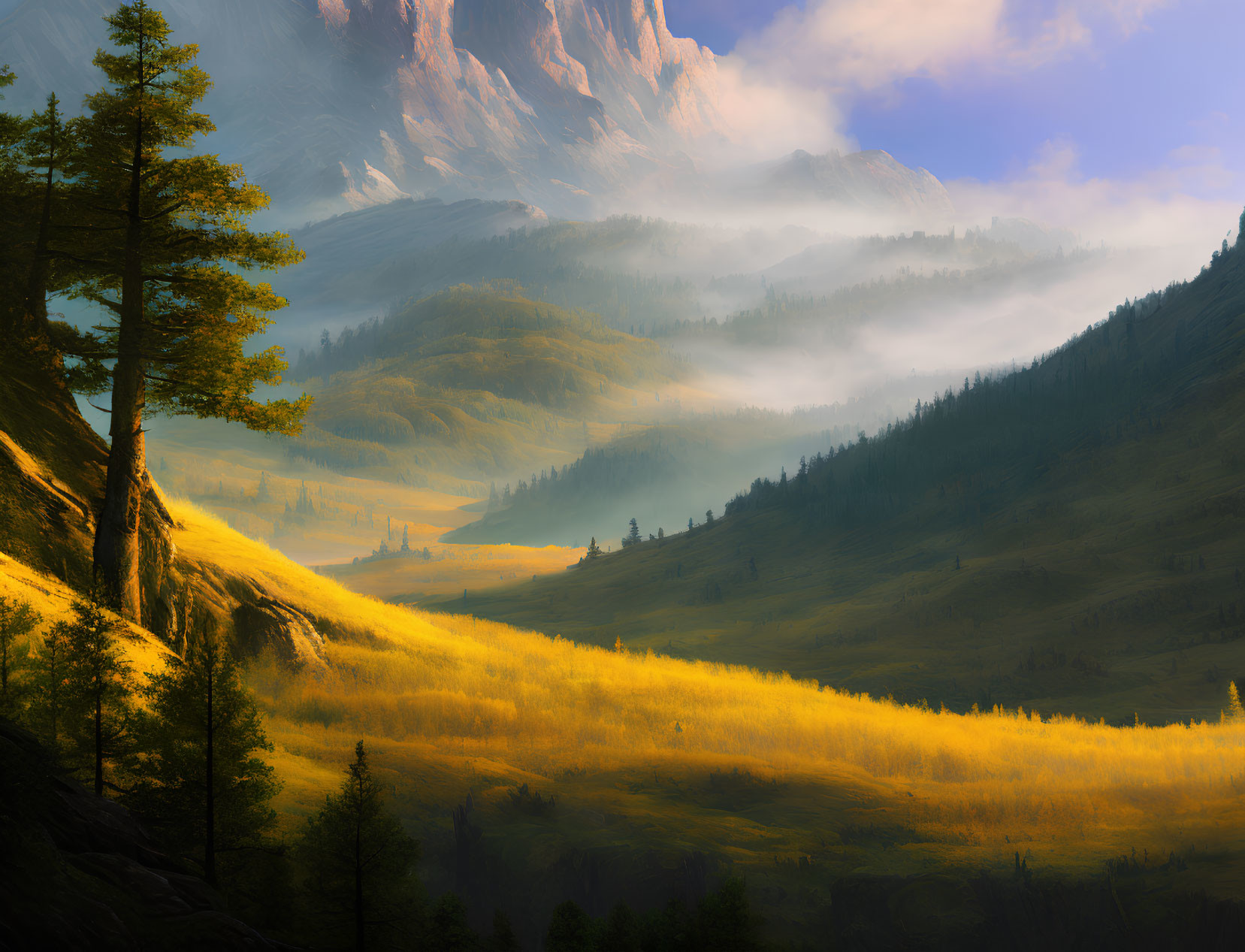 Sunlit mountain landscape with foggy valleys, cliffs, and pine forests