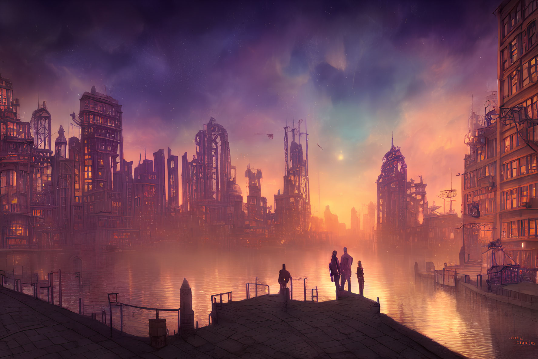 Futuristic cityscape at sunset with silhouetted figures and vibrant sky