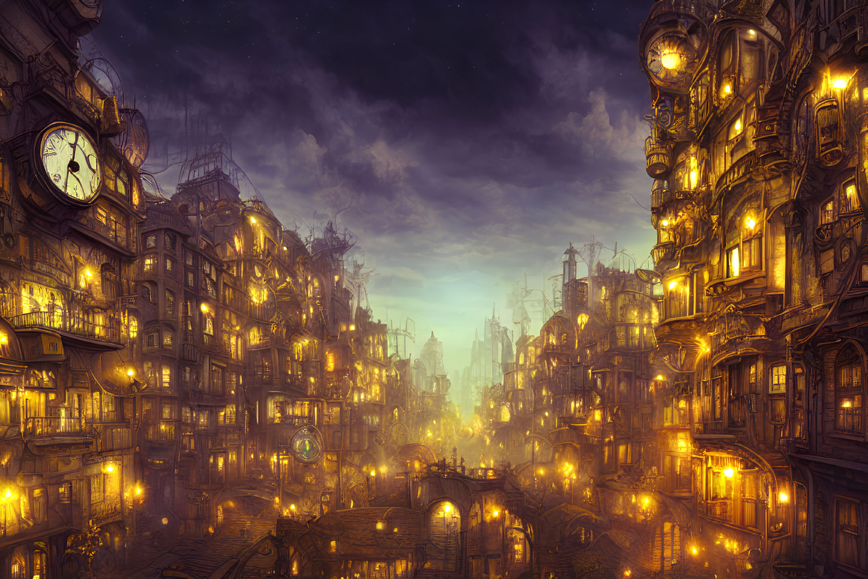 Steampunk cityscape with glowing streetlights and clock at dusk