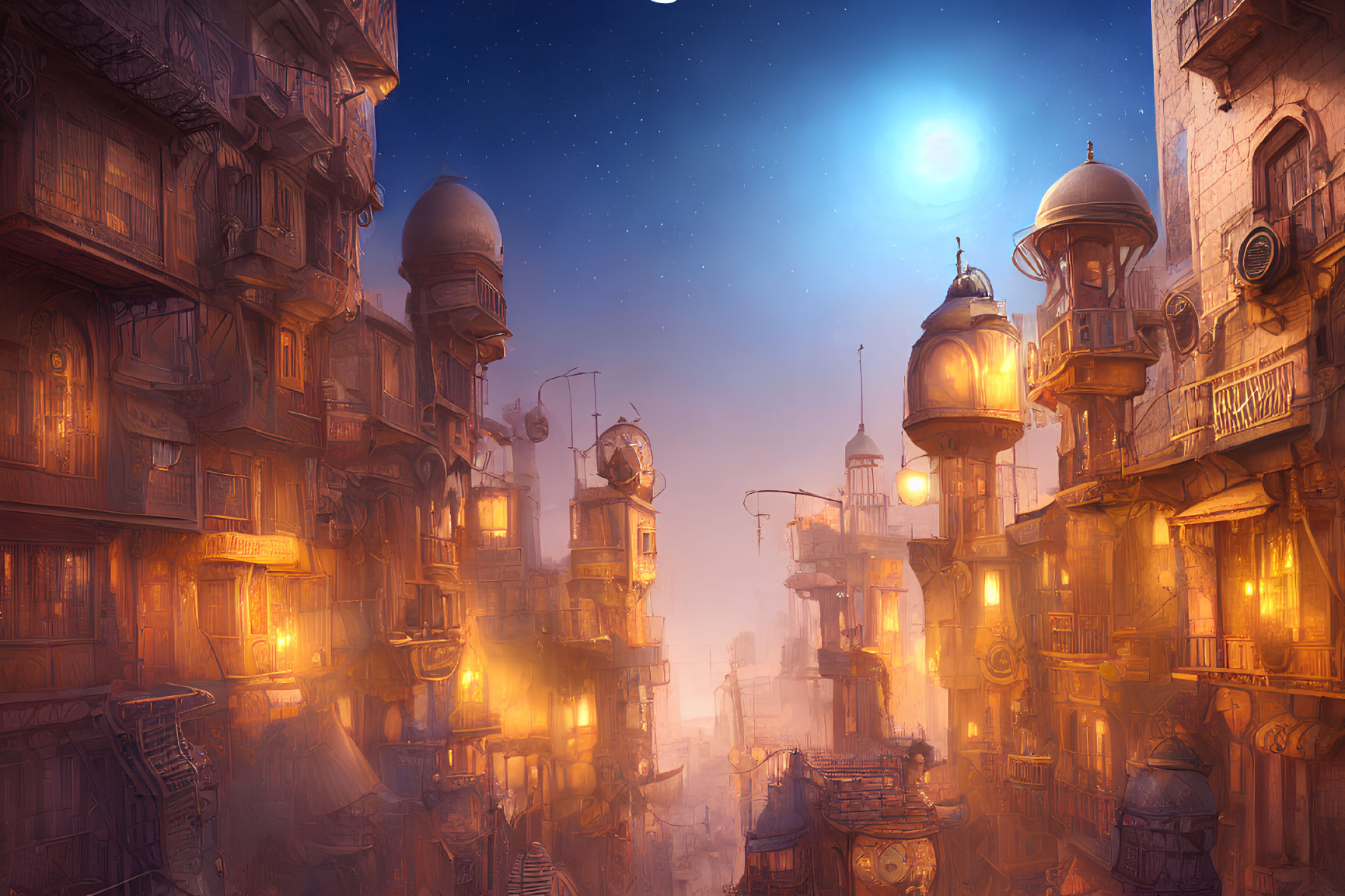 Mystical sci-fi city with towering domed buildings and warm glowing lights