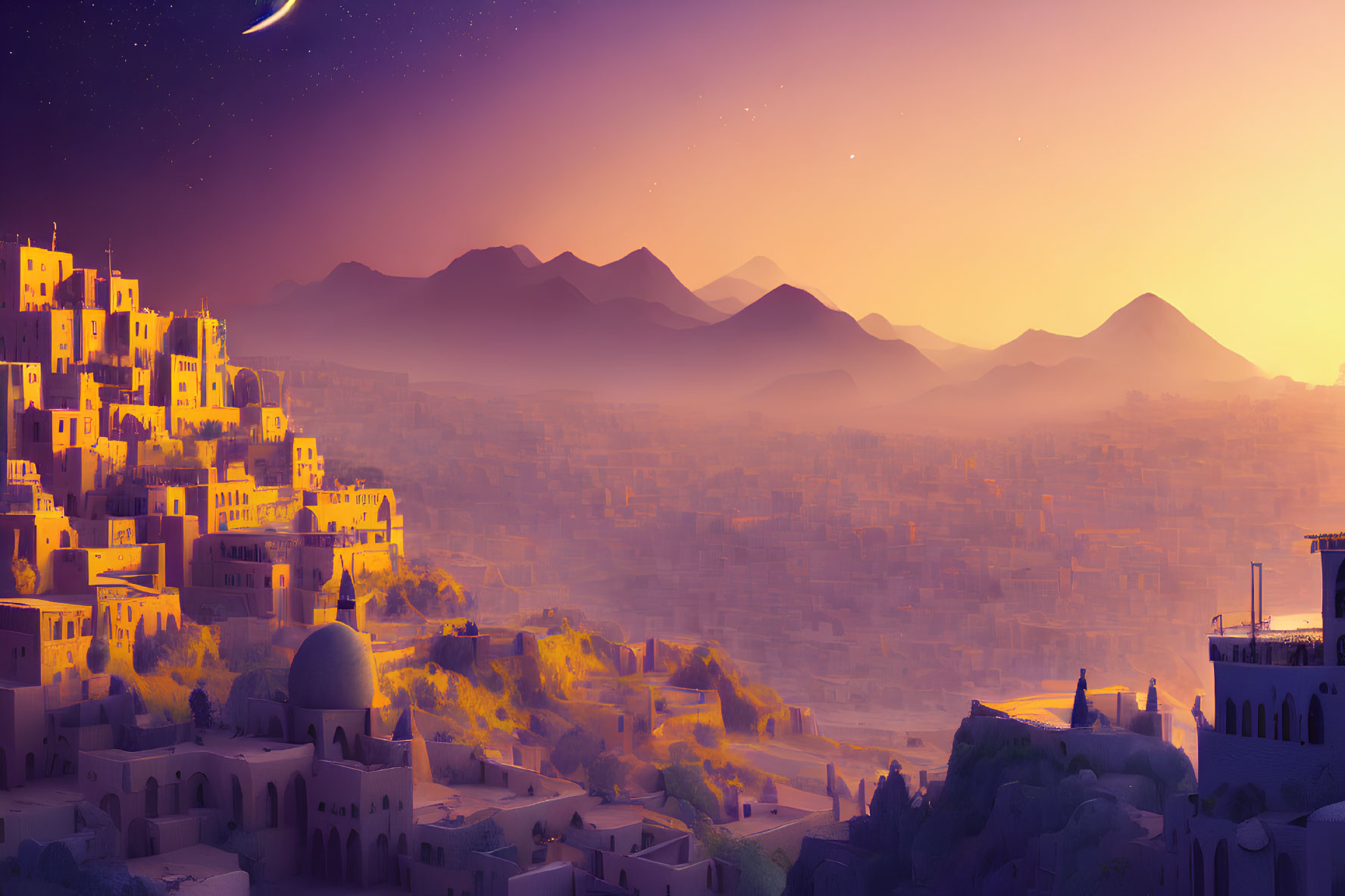 Desert city skyline at twilight with crescent moon and mountains.