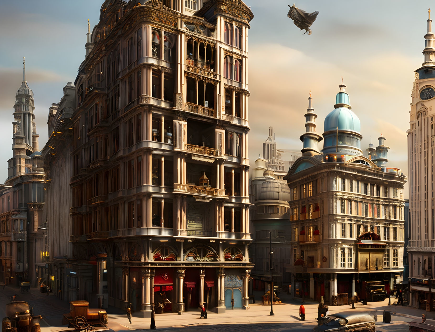 Steampunk-themed ornate building with airships and vintage vehicles under warm light