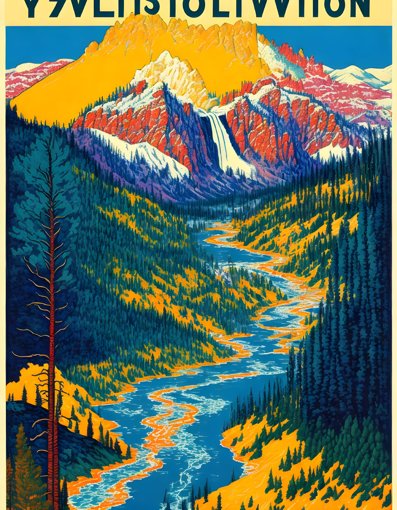 Vintage-style Yellowstone travel poster: vibrant autumn colors, winding river, mountains, bold text.