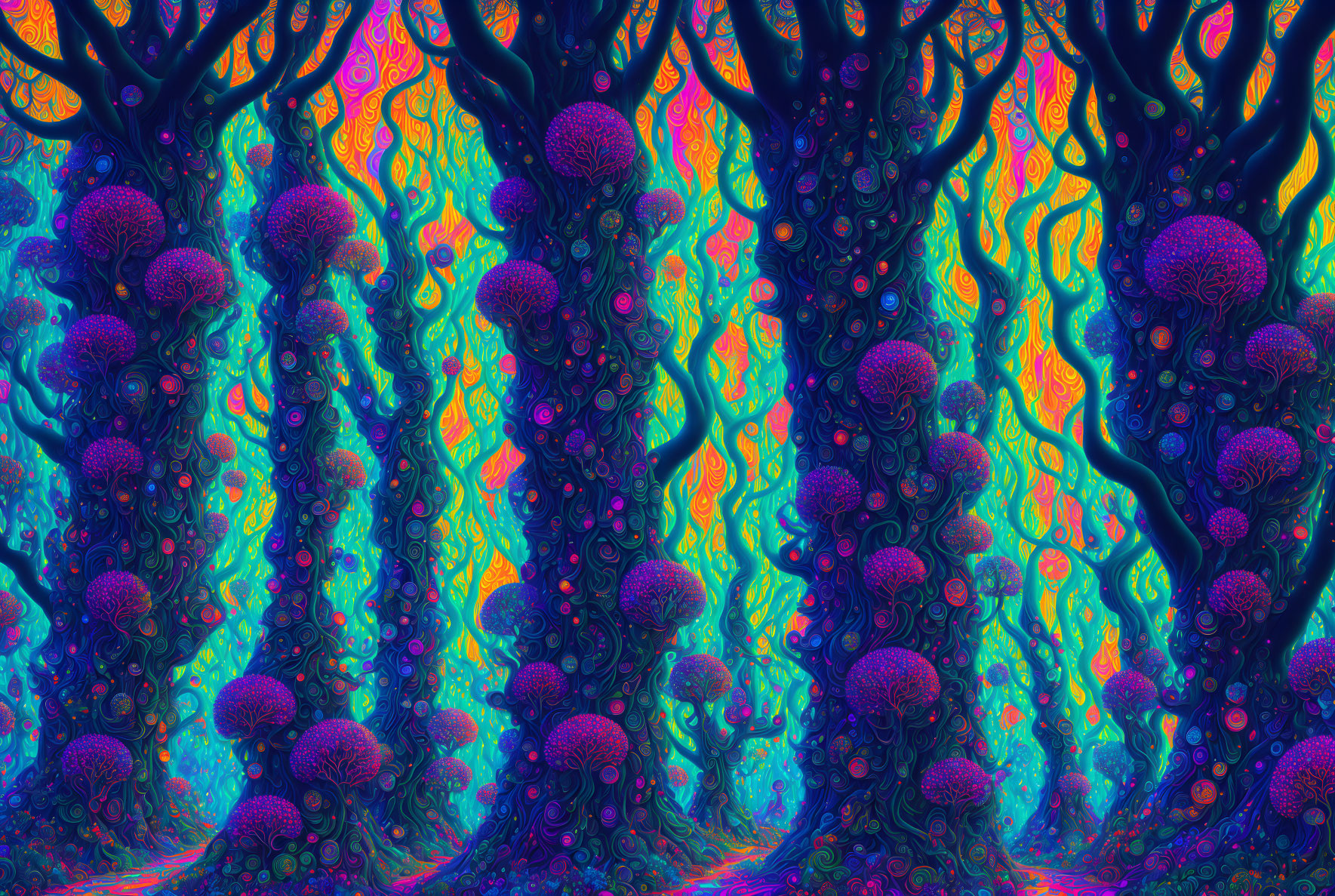 Colorful psychedelic forest with swirling tree patterns and textured growths