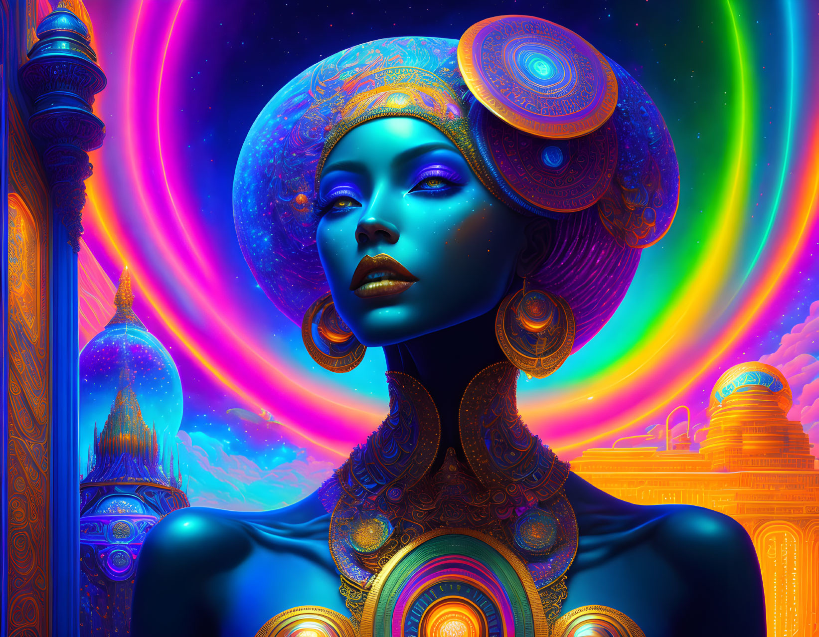 Digital art: Blue-skinned woman with ornate headgear, glowing planet, cosmic swirls