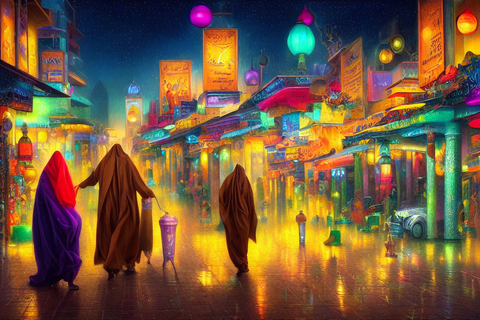 Colorful illuminated signs in vibrant night market scene with figures in cloaks on wet cobblestones in