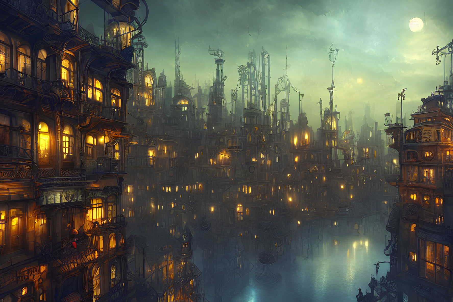 Futuristic cityscape at dusk with ornate buildings reflected in calm waters