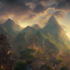 Traditional pagodas in forested mountain landscape at sunset