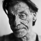 Detailed monochromatic portrait of elderly man with white hair and beret, featuring intricate facial wrinkles.