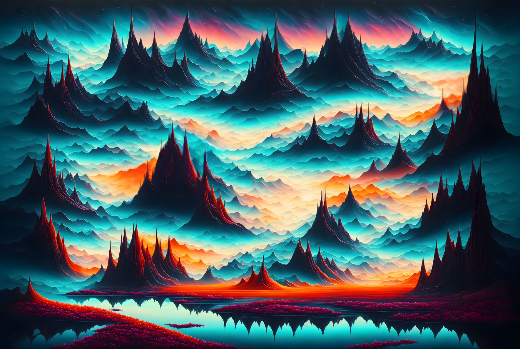 Colorful digital artwork: Sharp mountains, fiery sunset, river reflection, layered sky