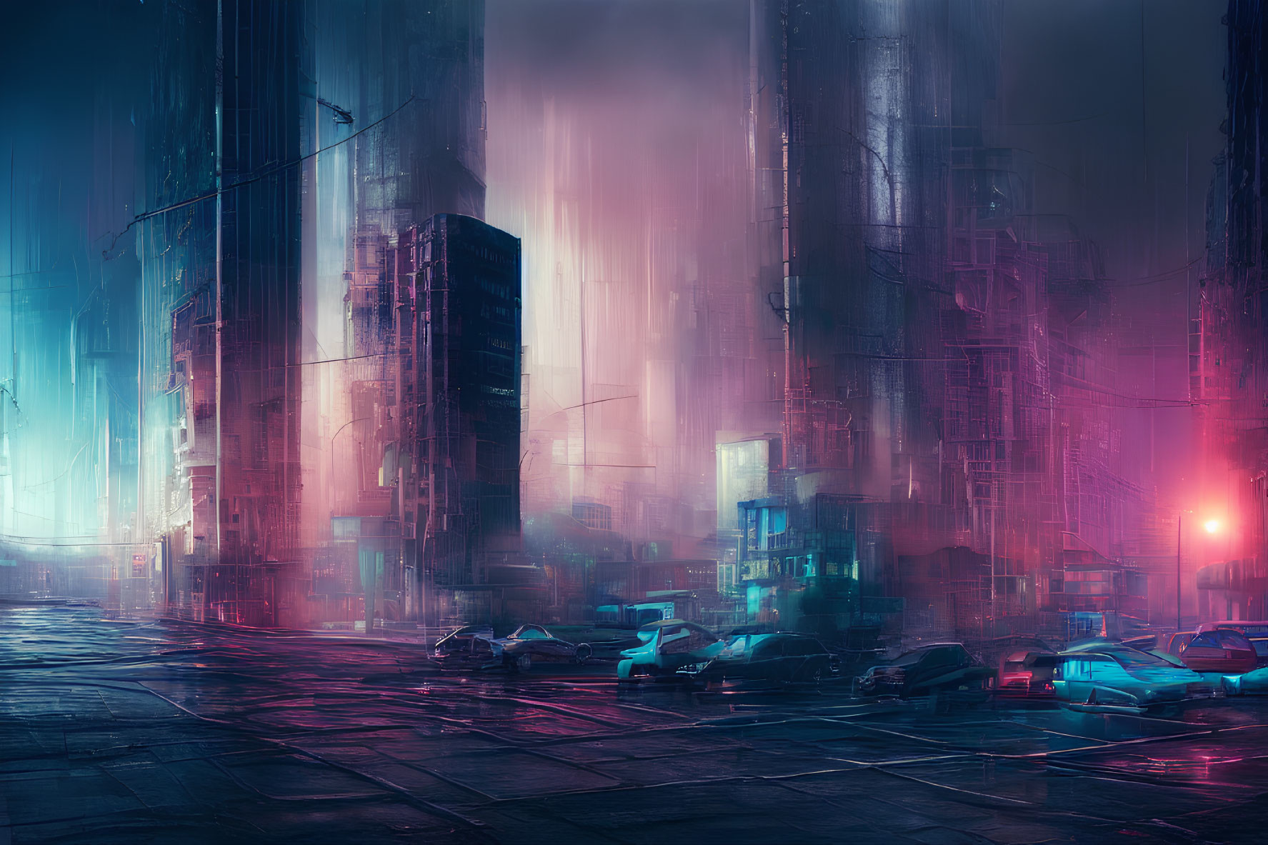 Rain-soaked futuristic cityscape with neon-lit skyscrapers