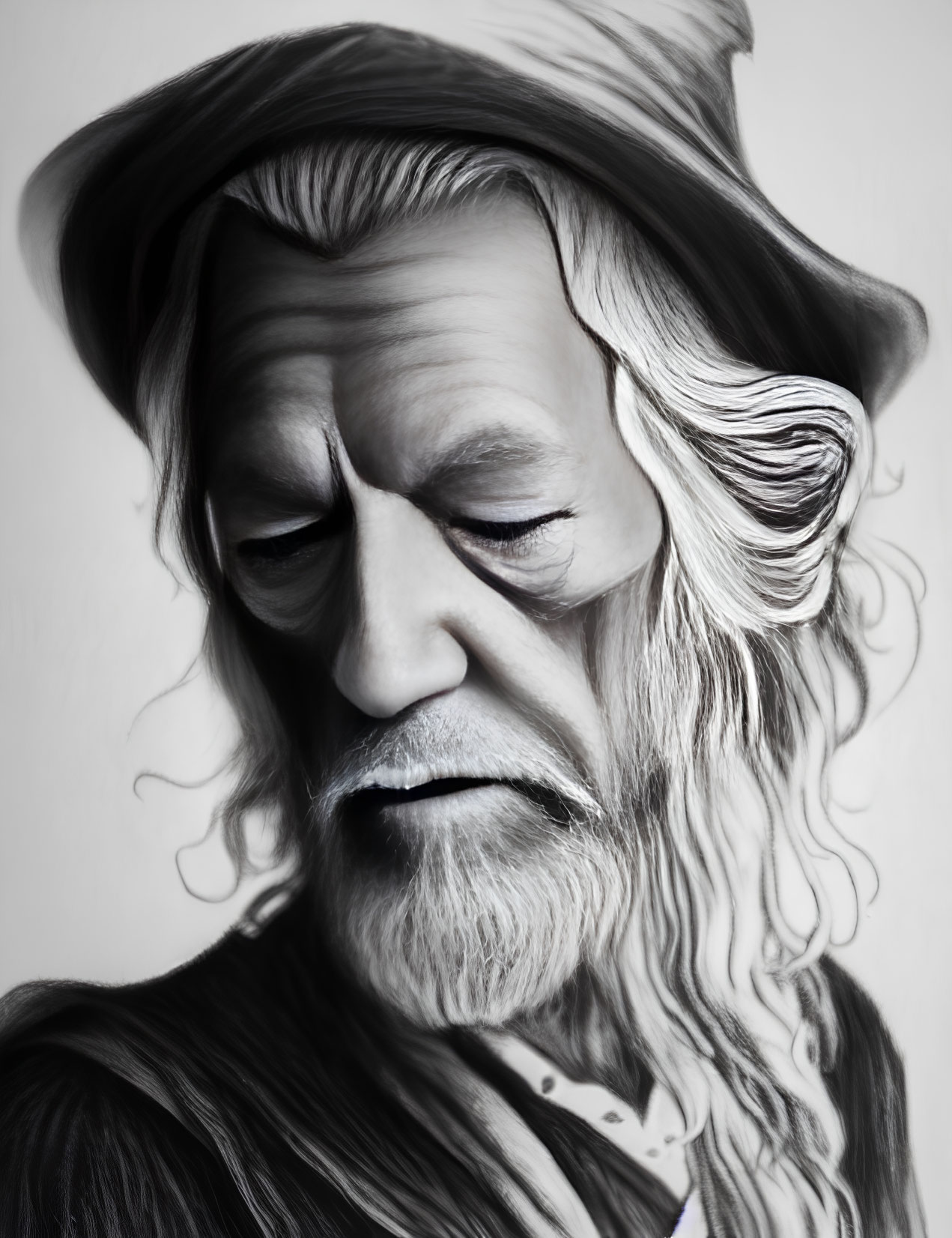 Detailed monochromatic portrait of elderly man with white hair and beret, featuring intricate facial wrinkles.