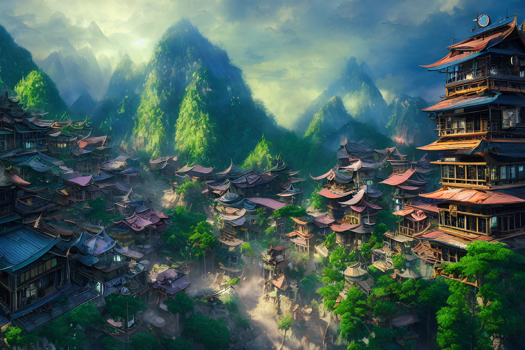 Traditional mountain village with misty green peaks and wooden buildings