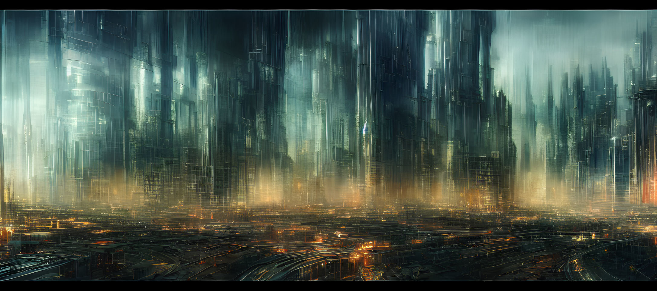 Futuristic cityscape with misty skyscrapers and advanced architecture