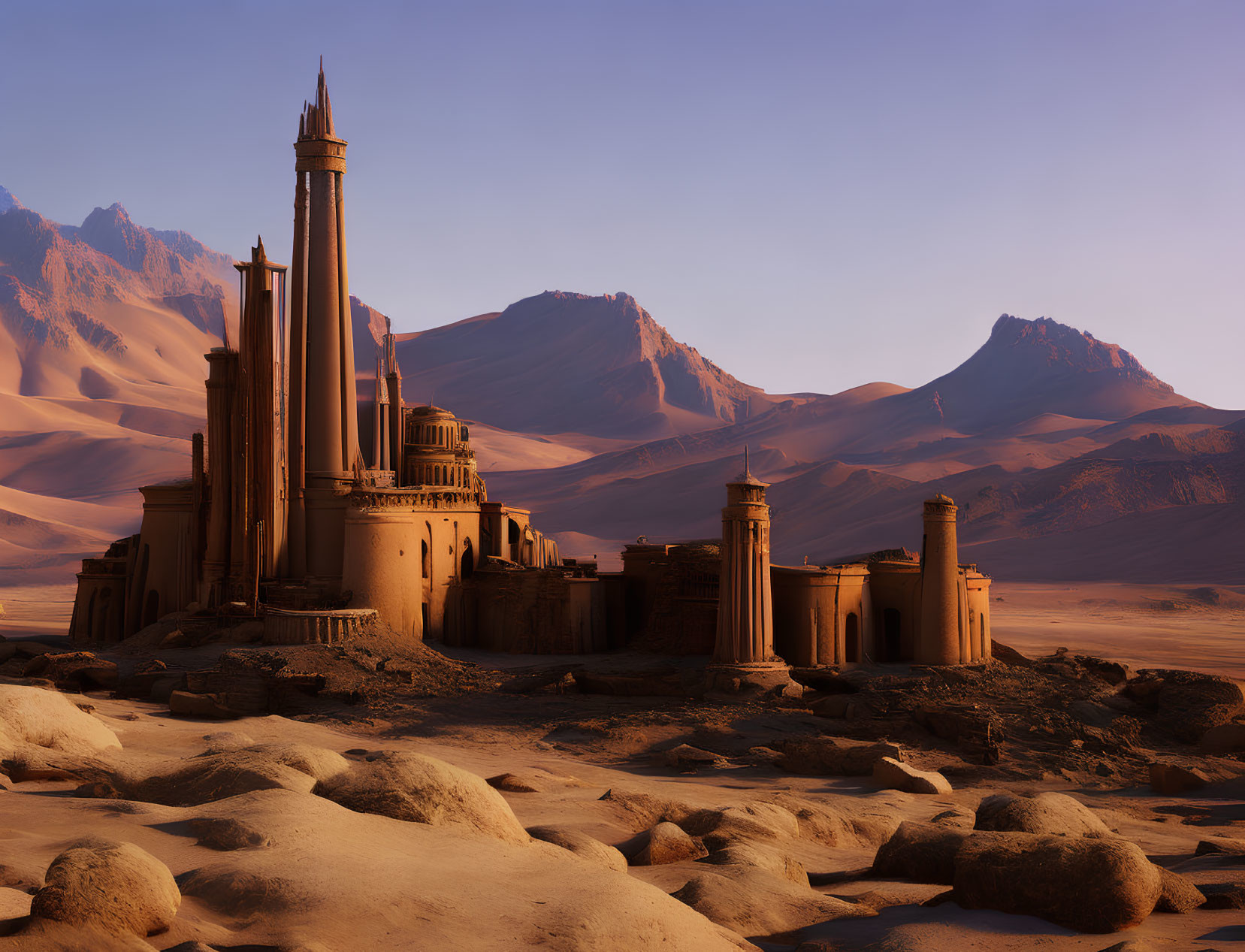 Desert Citadel with Spires Against Mountain Backdrop at Sunset