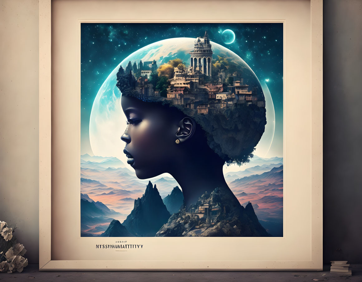 Surreal art print: Woman profile merging with floating city on cosmic backdrop