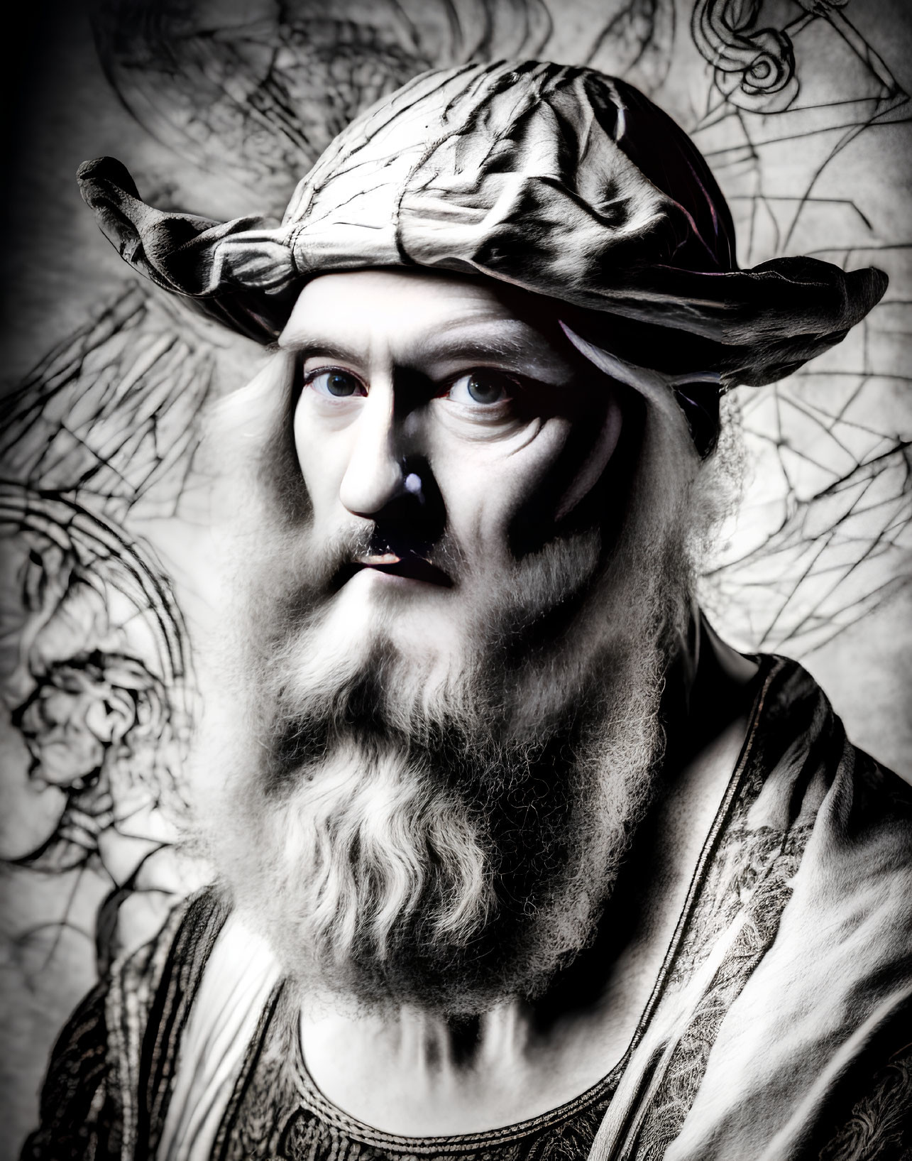 Renaissance-style portrait of person with white beard and cap