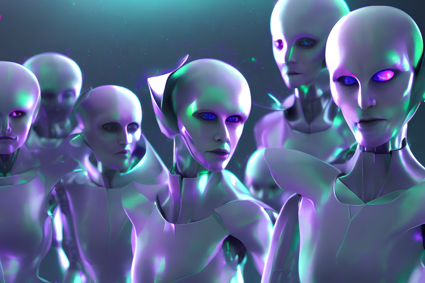 Purple-skinned humanoid aliens in futuristic attire under starry sky