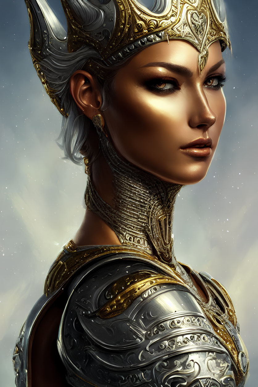 Regal woman in golden armor gazes under cloudy sky