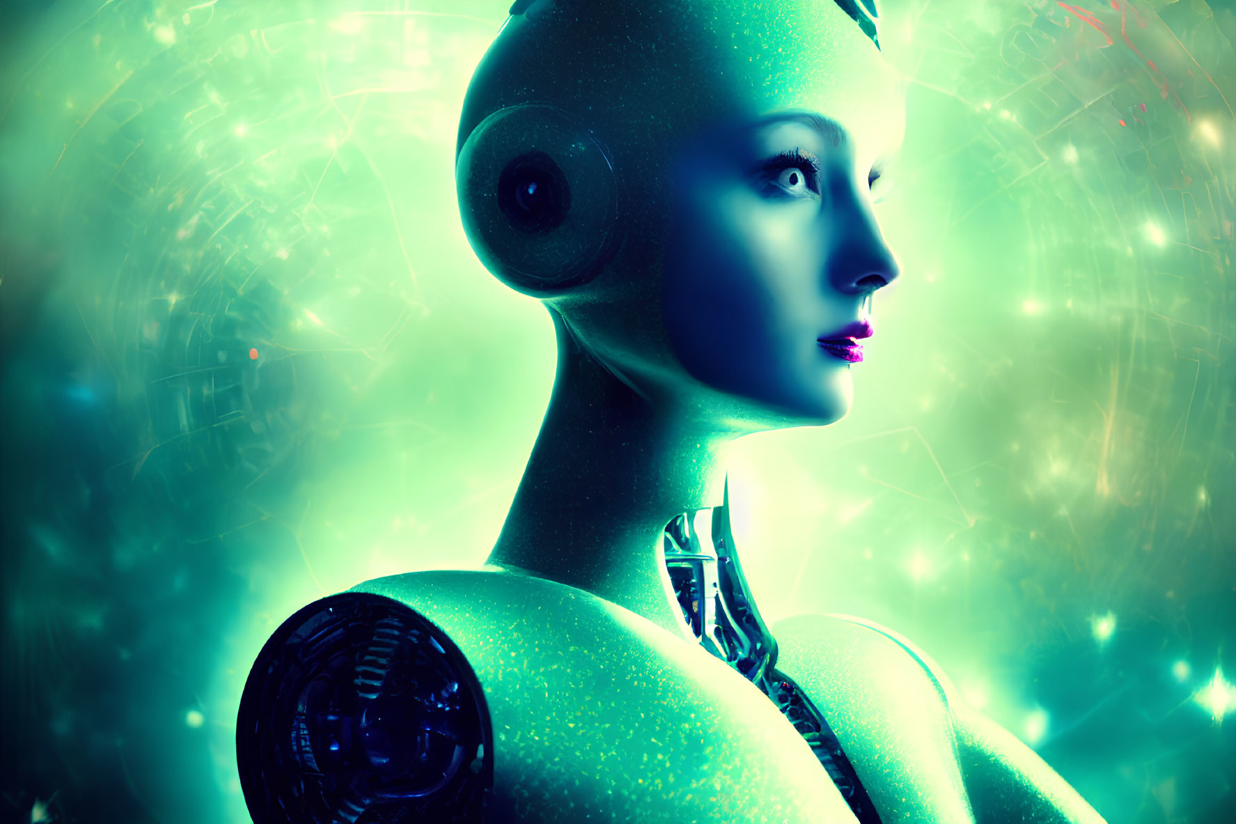 Glossy Blue-Green Female Android with Intricate Neck Mechanisms