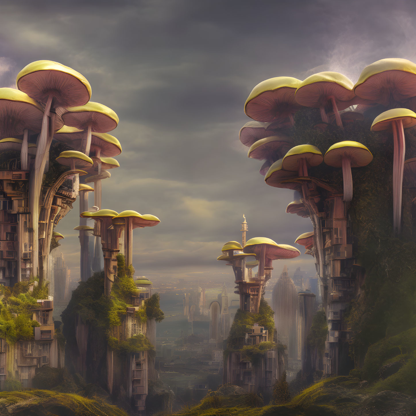 Fantasy cityscape featuring towering mushrooms and skyscrapers under dramatic sky