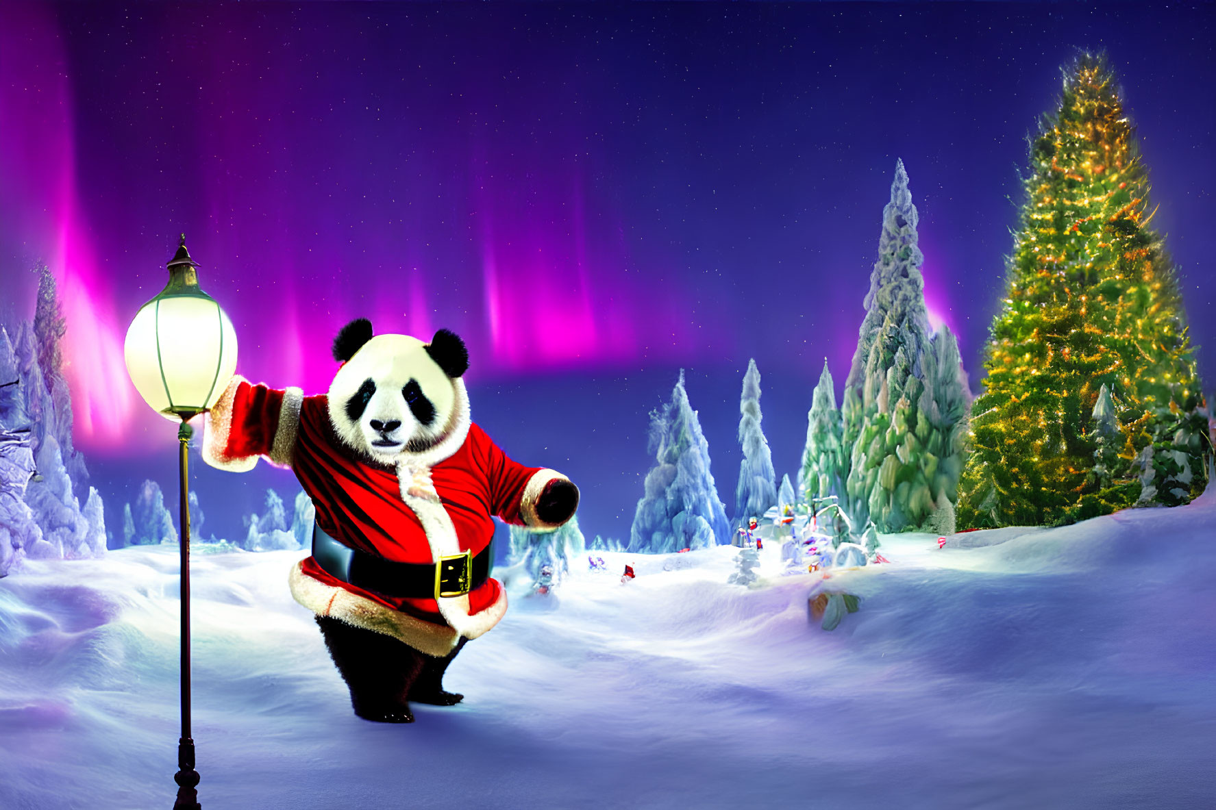 Cheerful Santa Claus panda in snowy Christmas scene