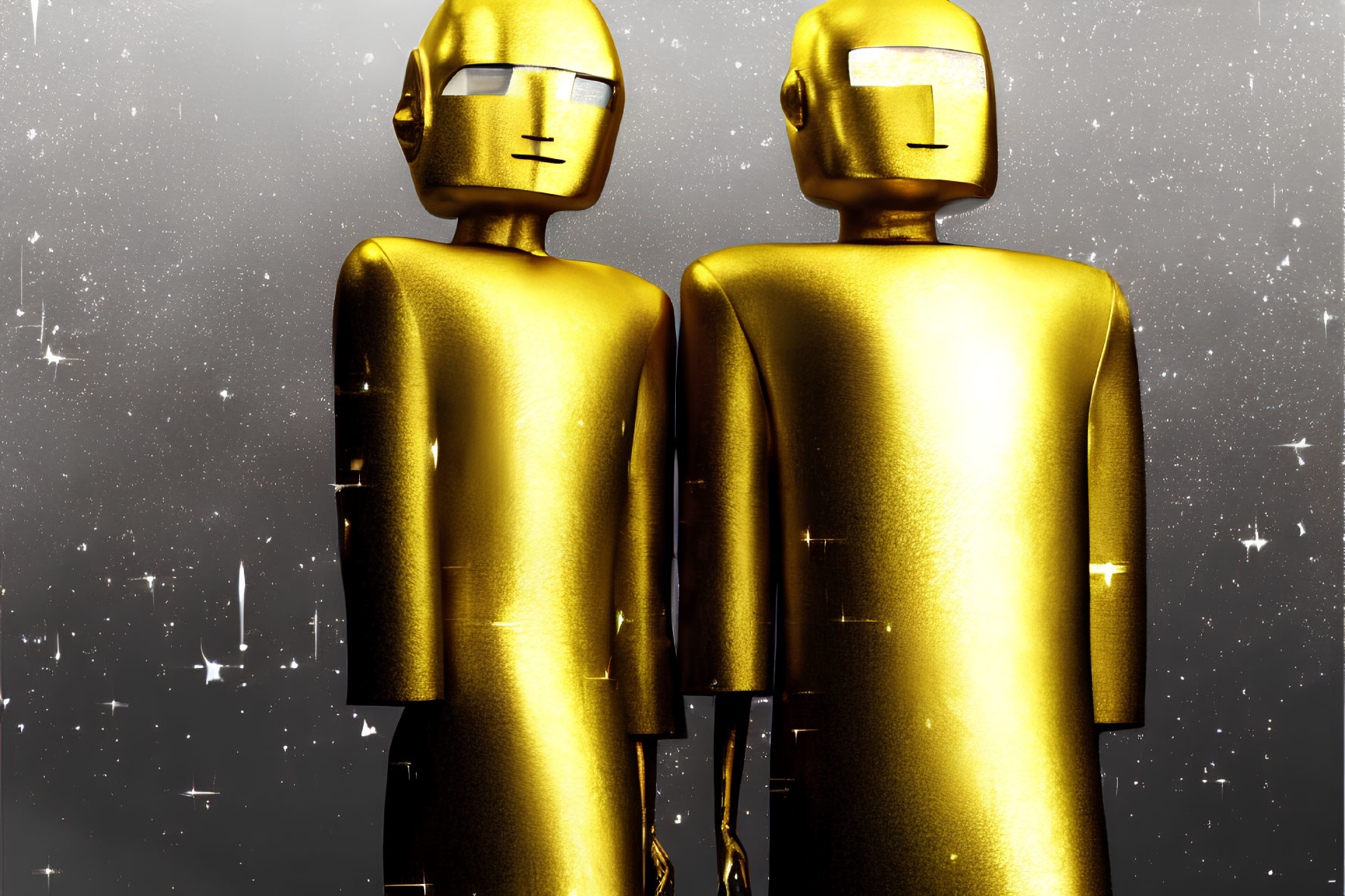 Golden humanoid figures standing against sparkling gold background