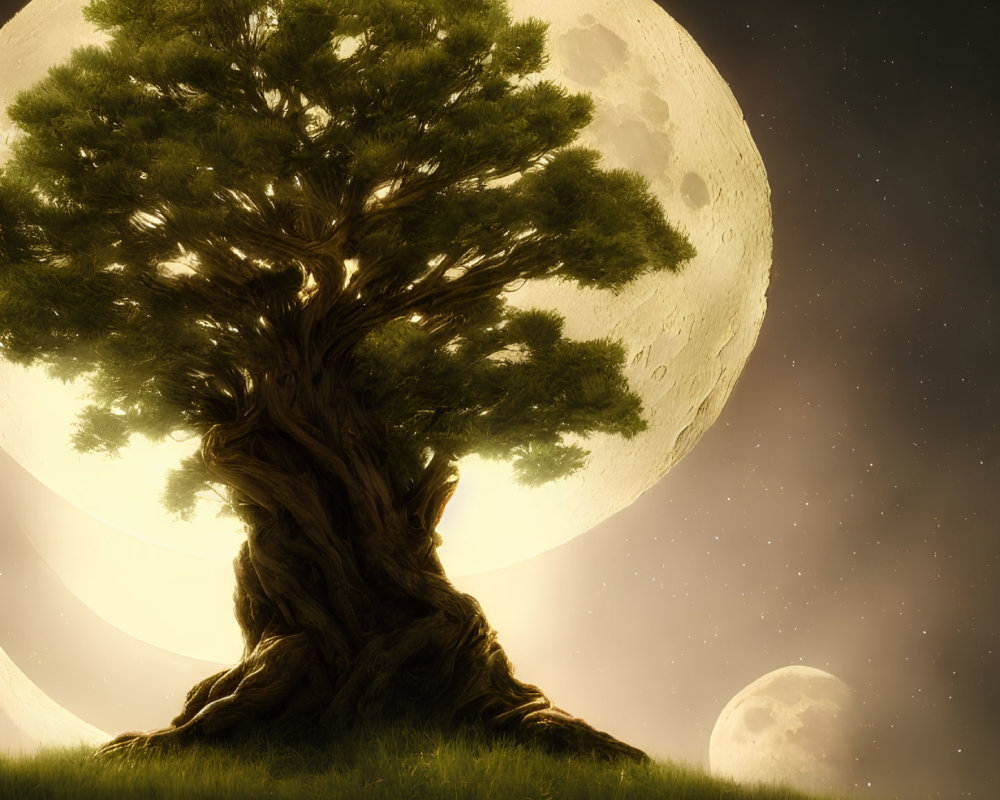 Majestic twisted trunk tree in field under starry sky with full moon