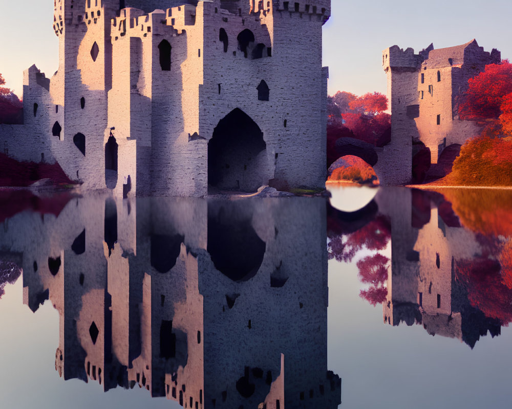 Ancient castle reflected in calm waters at twilight