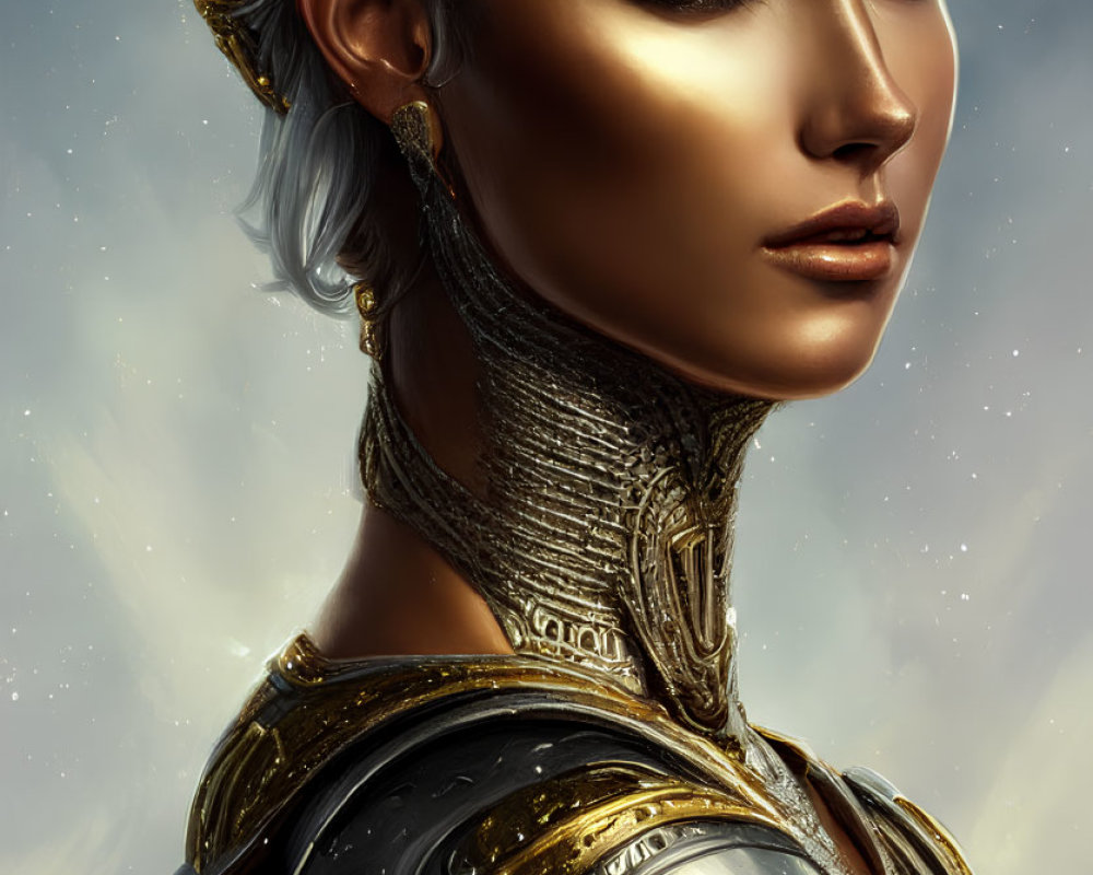 Regal woman in golden armor gazes under cloudy sky