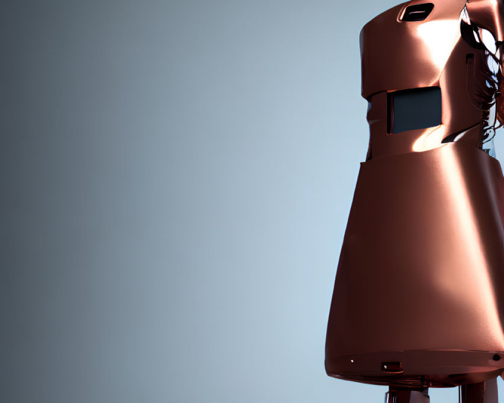 Shiny copper robot in profile against blue background