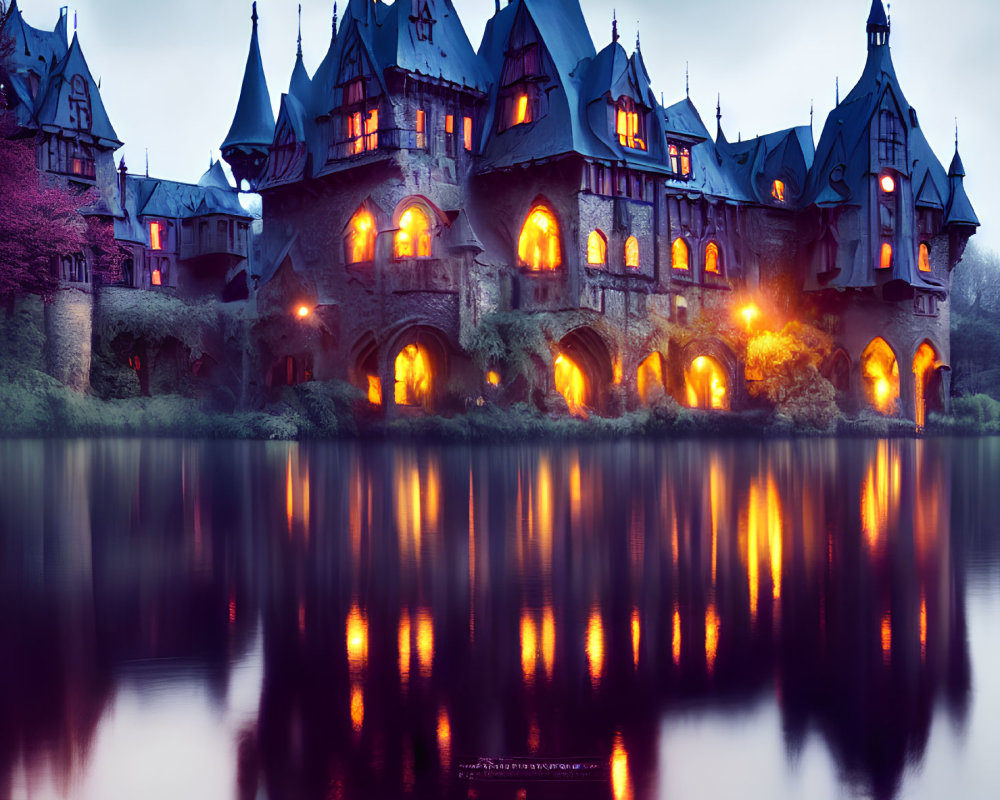 Gothic Style Castle with Illuminated Windows Reflected on Calm Water at Dusk