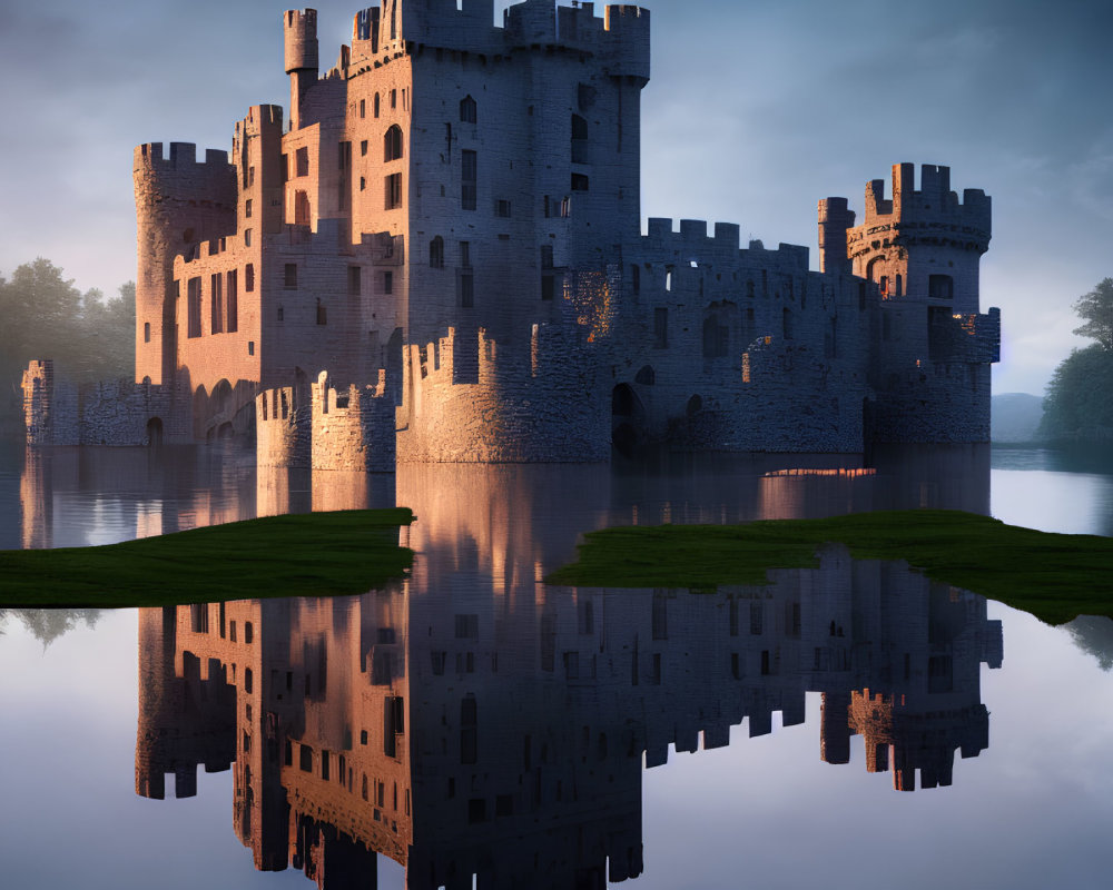 Medieval castle with towering turrets by serene lake at twilight