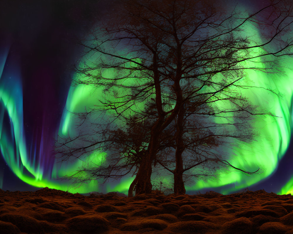 Leafless Tree Silhouetted Against Vibrant Aurora Borealis Night Scene