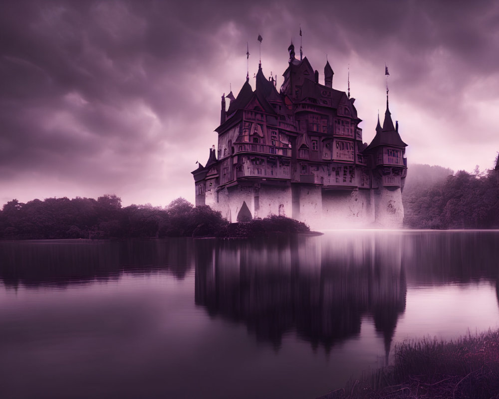 Majestic castle with spires and towers reflected in serene lake under purple sky