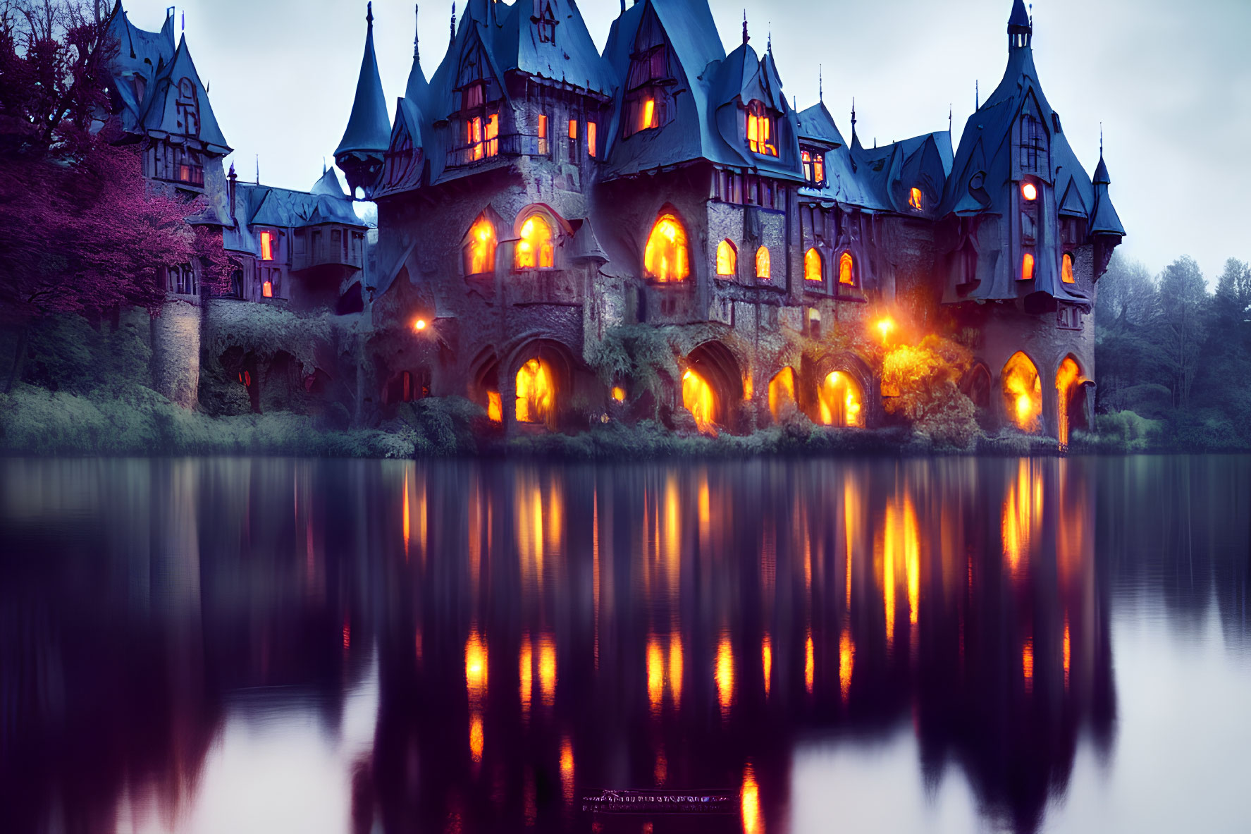 Gothic Style Castle with Illuminated Windows Reflected on Calm Water at Dusk