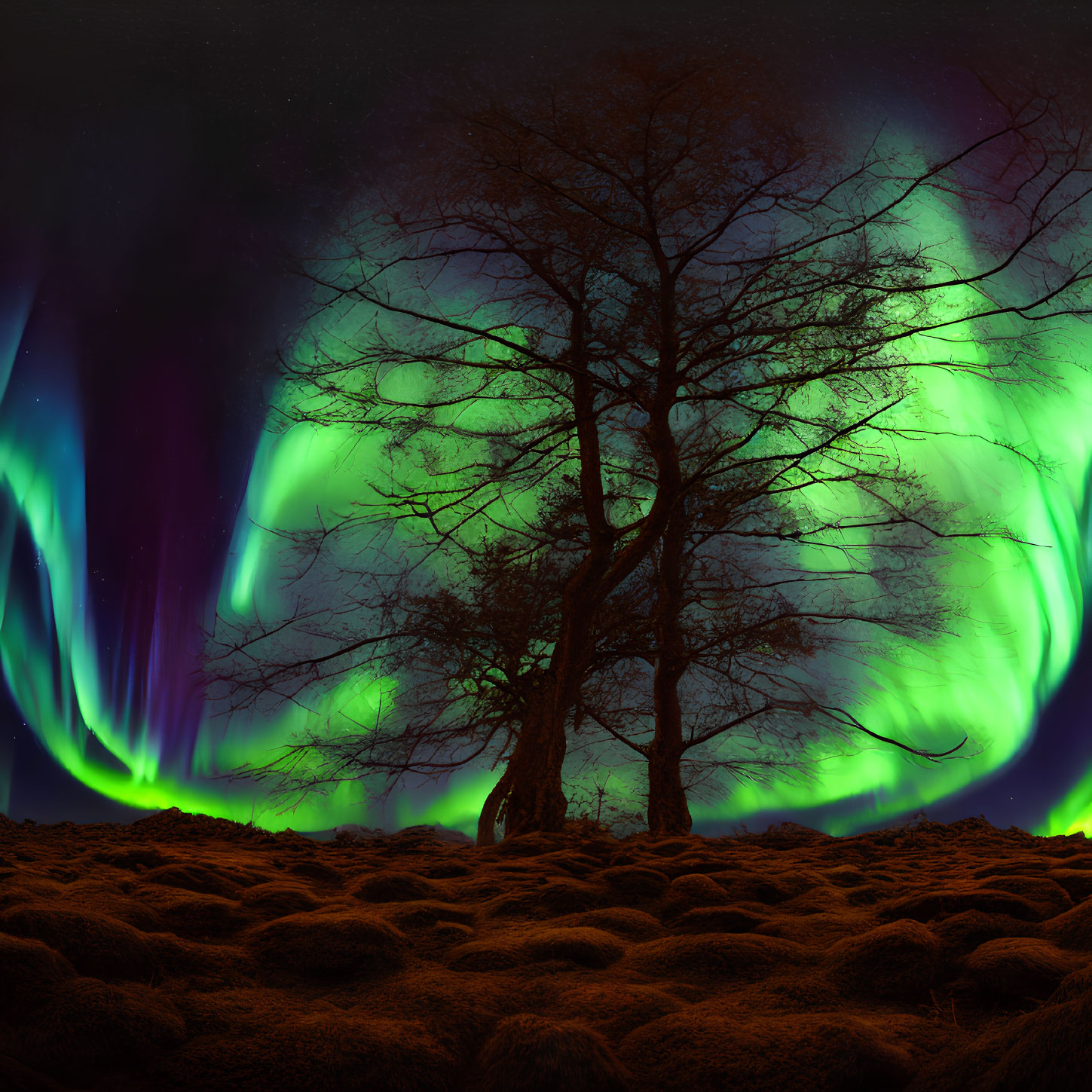 Leafless Tree Silhouetted Against Vibrant Aurora Borealis Night Scene