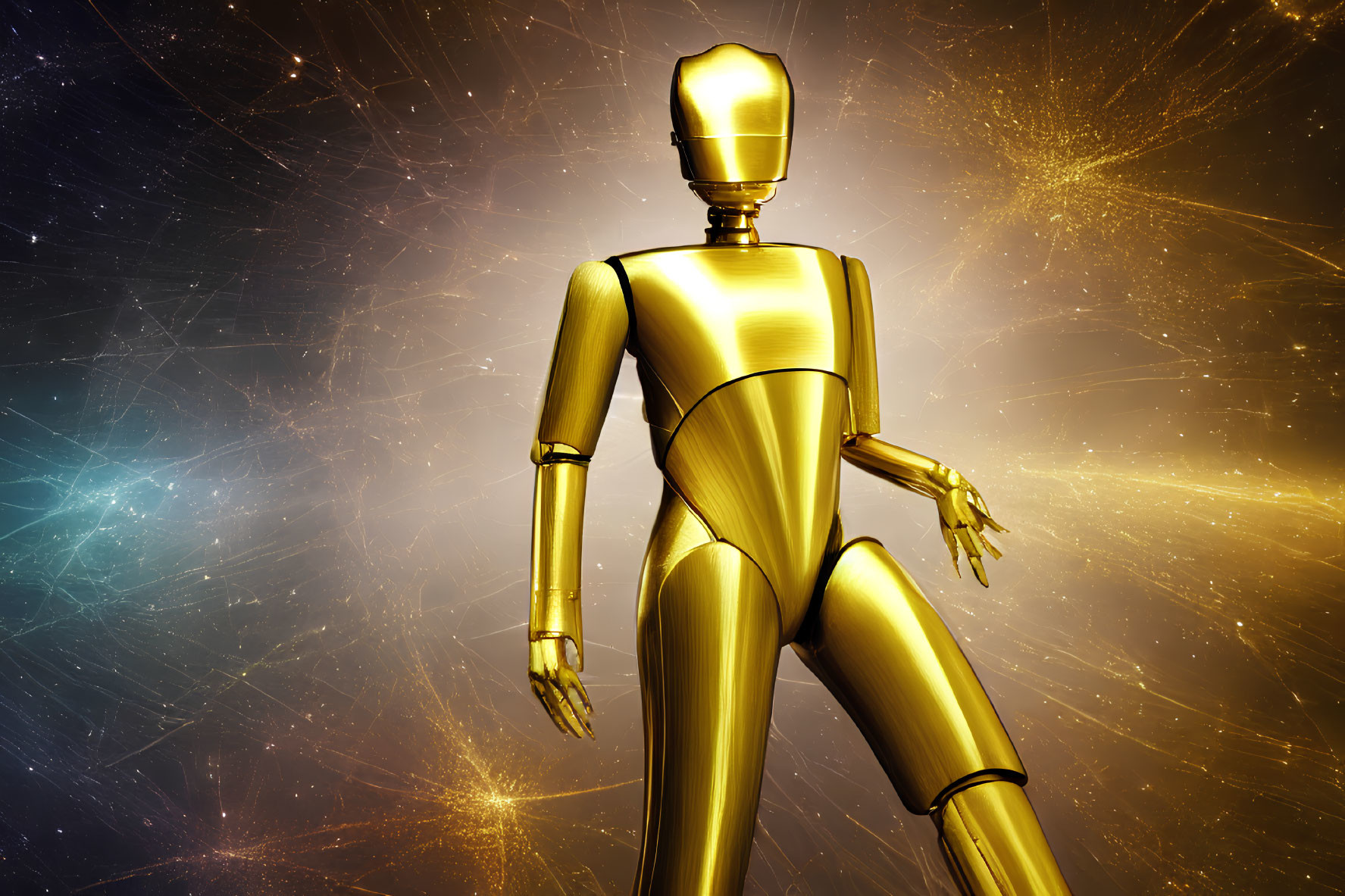 Golden humanoid robot against cosmic background with light rays