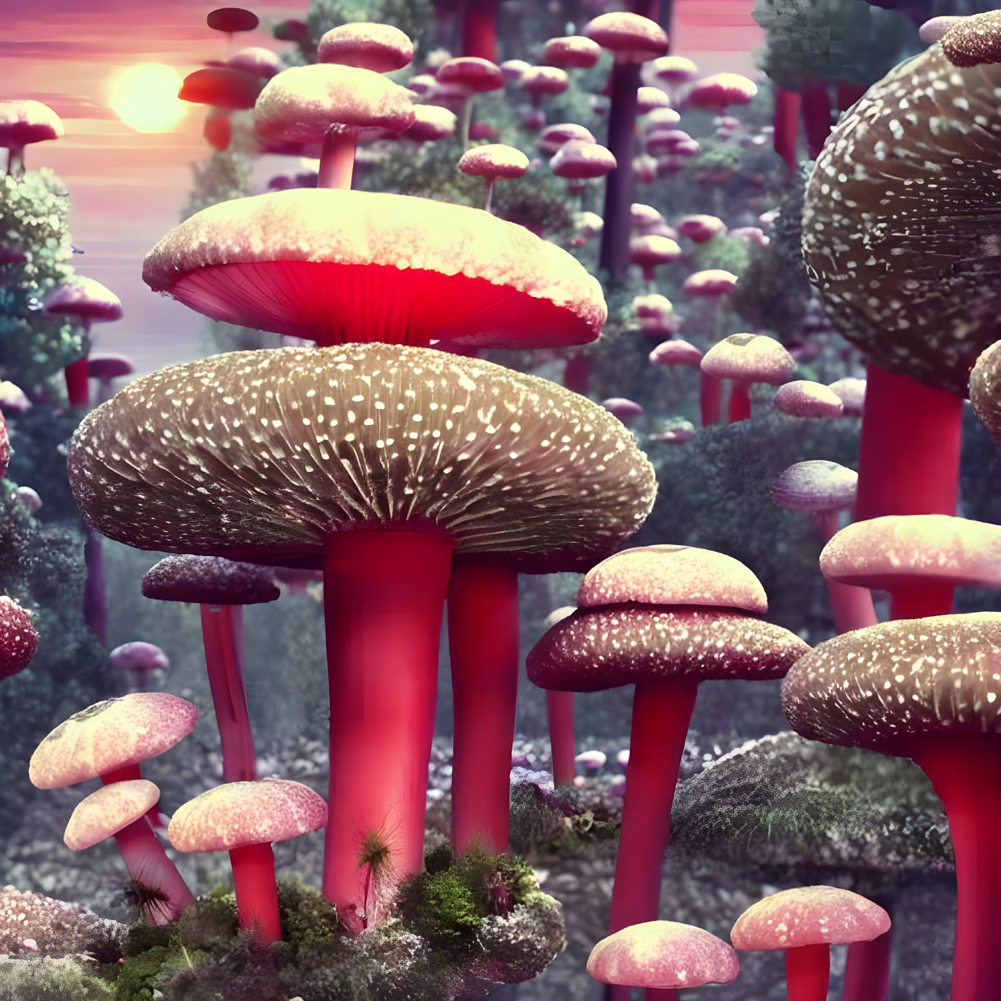 Enchanting forest scene with oversized red-stemmed mushrooms and multi-sun dusk sky