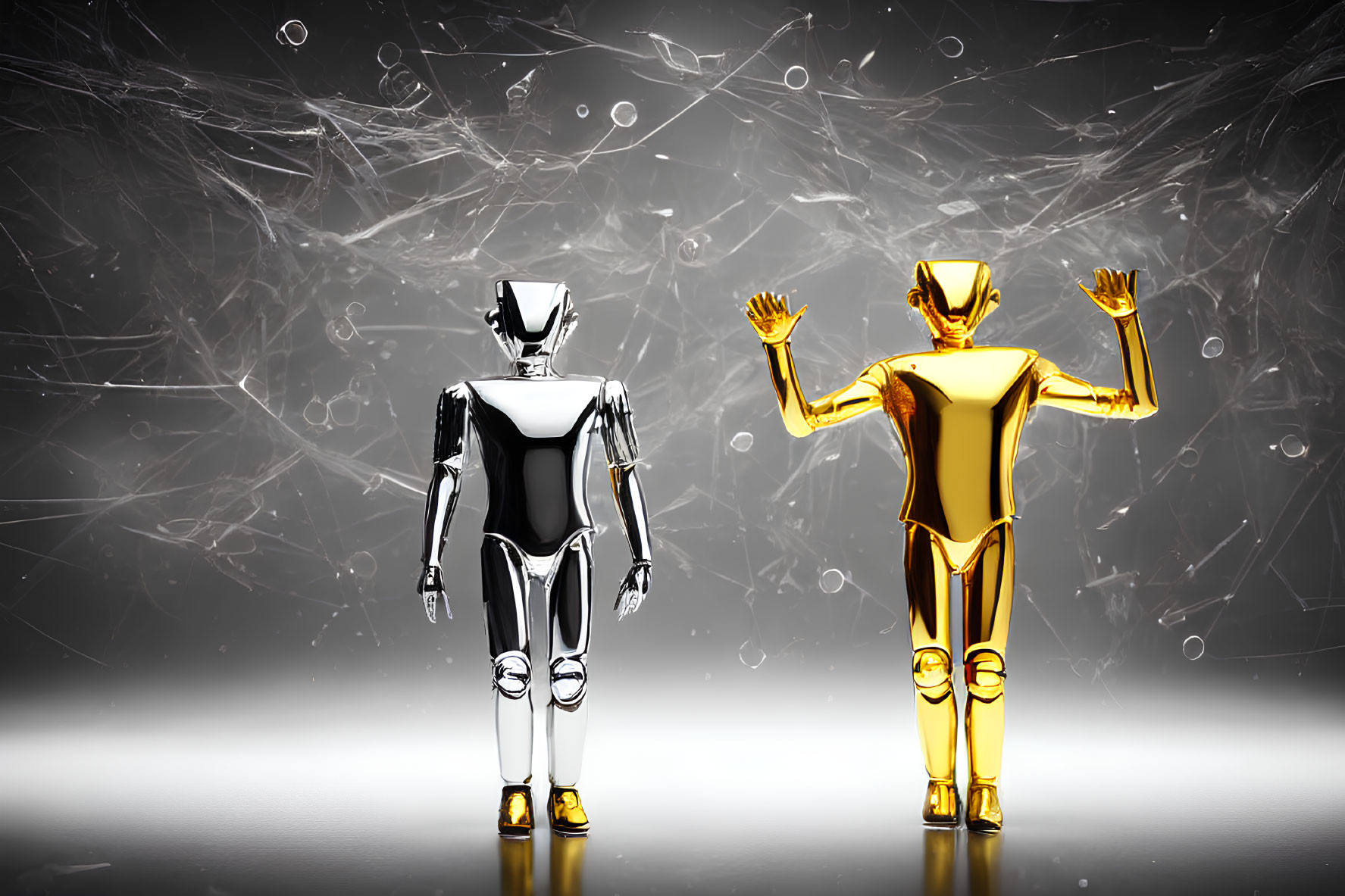 Silver and Gold Humanoid Robots Against Abstract Wireframe Backdrop