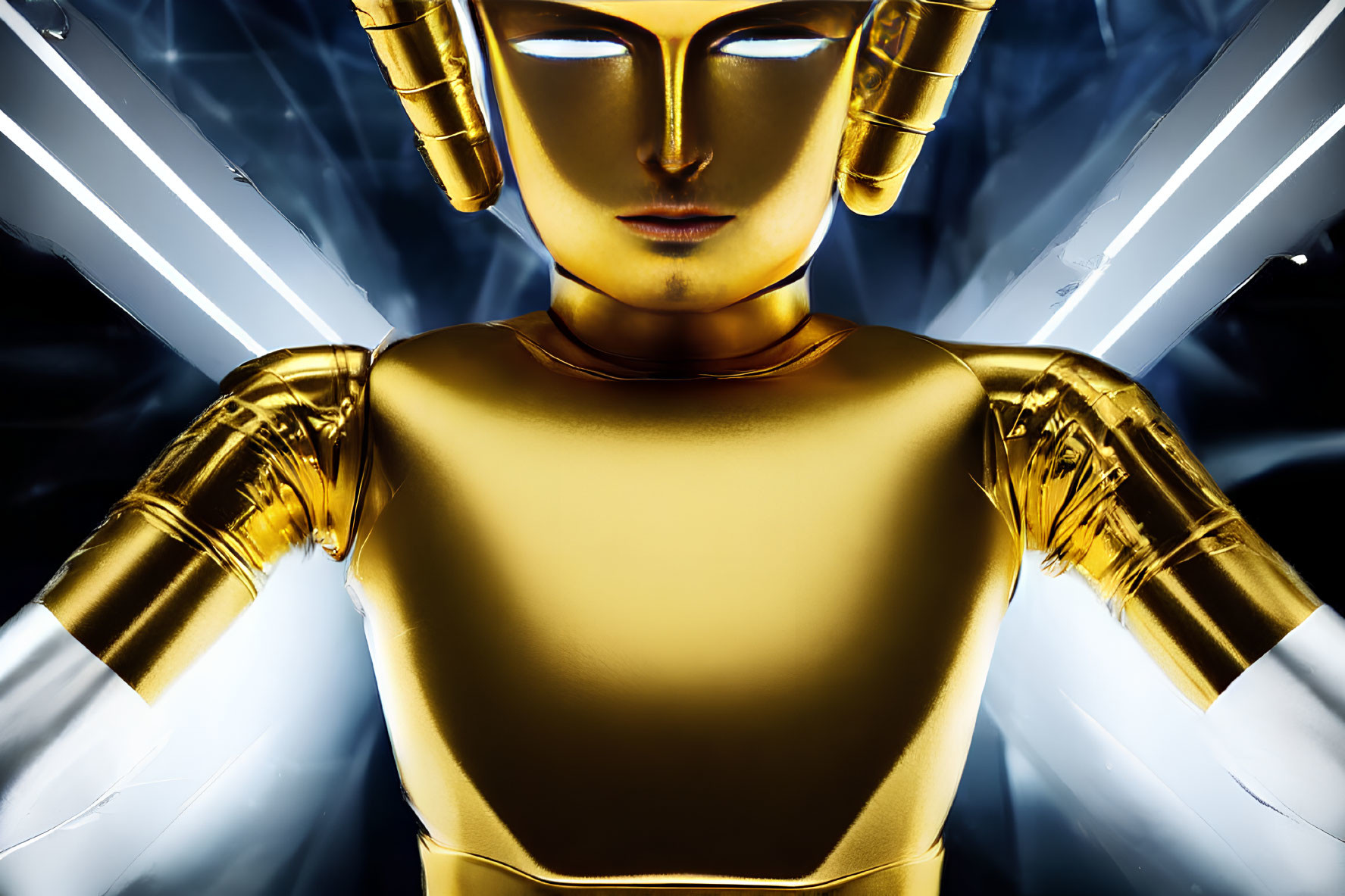 Golden Humanoid Figure with Featureless Face Illuminated by White Neon Lights