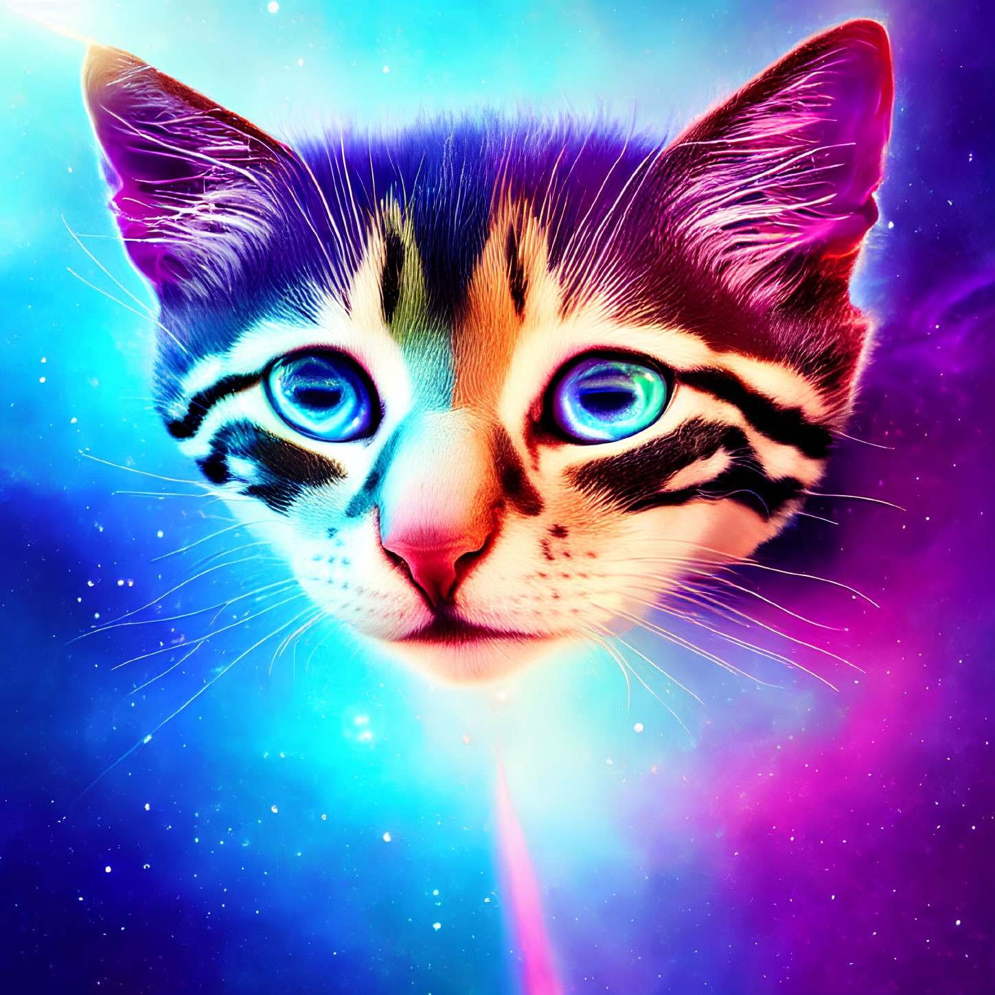 Colorful Cat Artwork with Blue Eyes and Galactic Fur on Cosmic Background