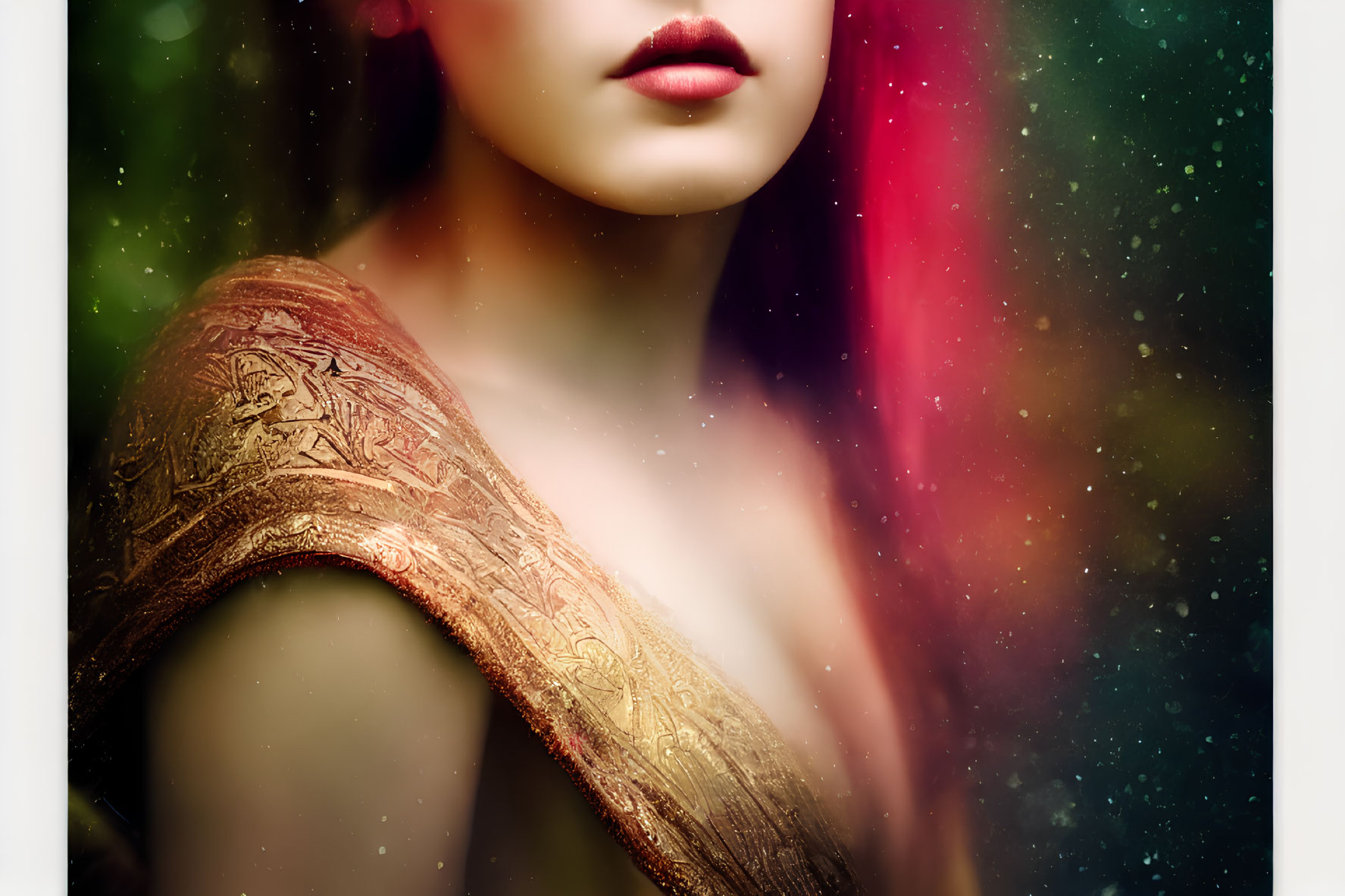 Vibrant red ombre hair and golden patterned shoulder garment against cosmic background