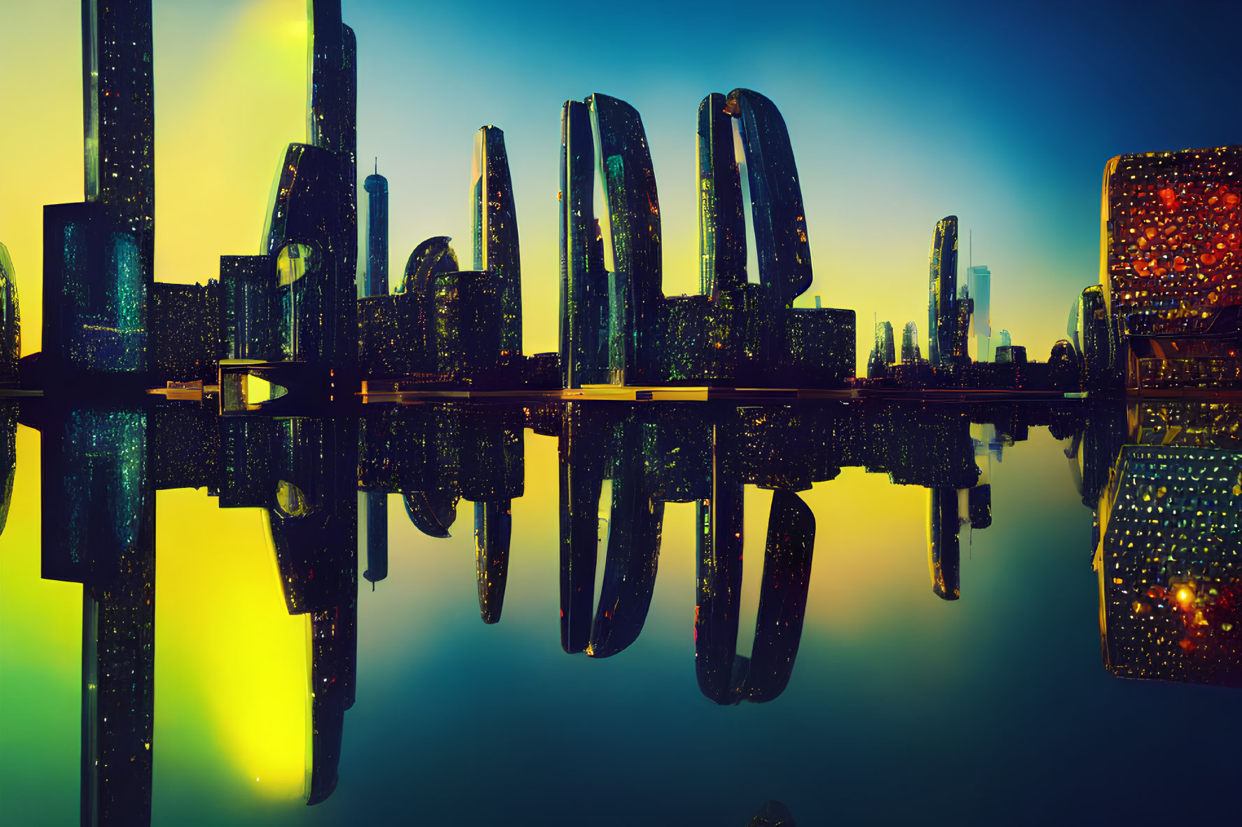 Twilight cityscape reflected in smooth water: vibrant colors against teal sky