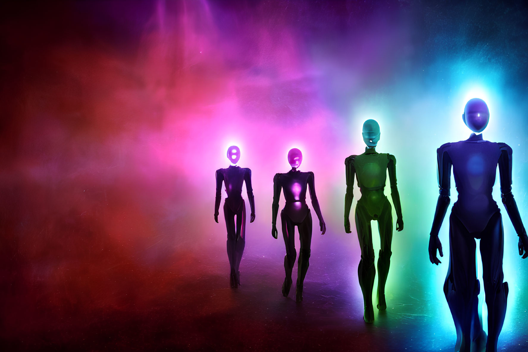 Four humanoid figures with glowing heads in colorful foggy environment