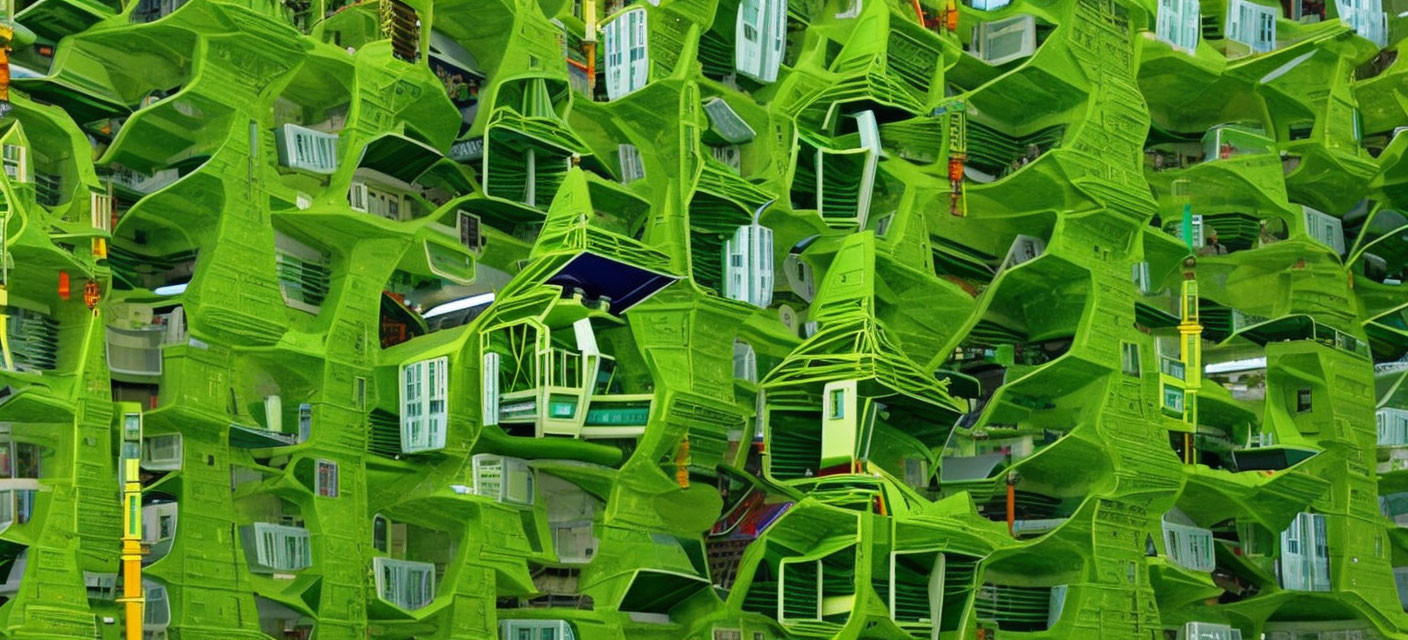 Green-hued abstract fractal pattern with urban architecture and leafy motifs.