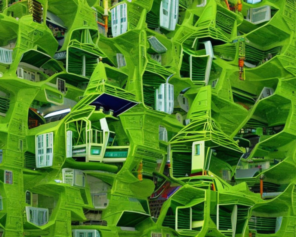 Green-hued abstract fractal pattern with urban architecture and leafy motifs.